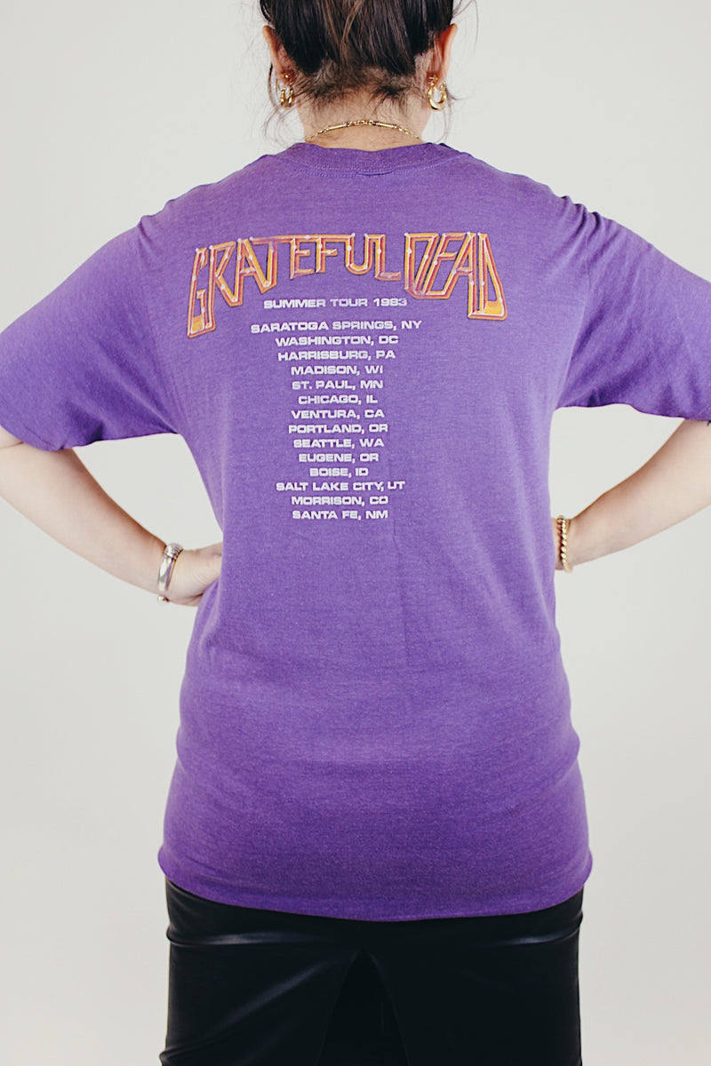 short sleeve purple grateful dead vintage tee from summer tour 1983 graphic on front and back