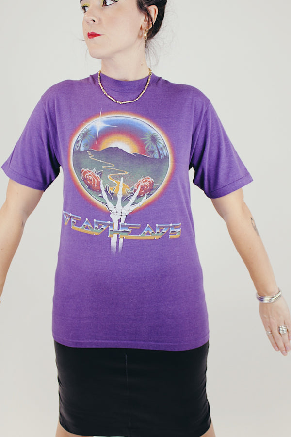 short sleeve purple grateful dead vintage tee from summer tour 1983 graphic on front and back