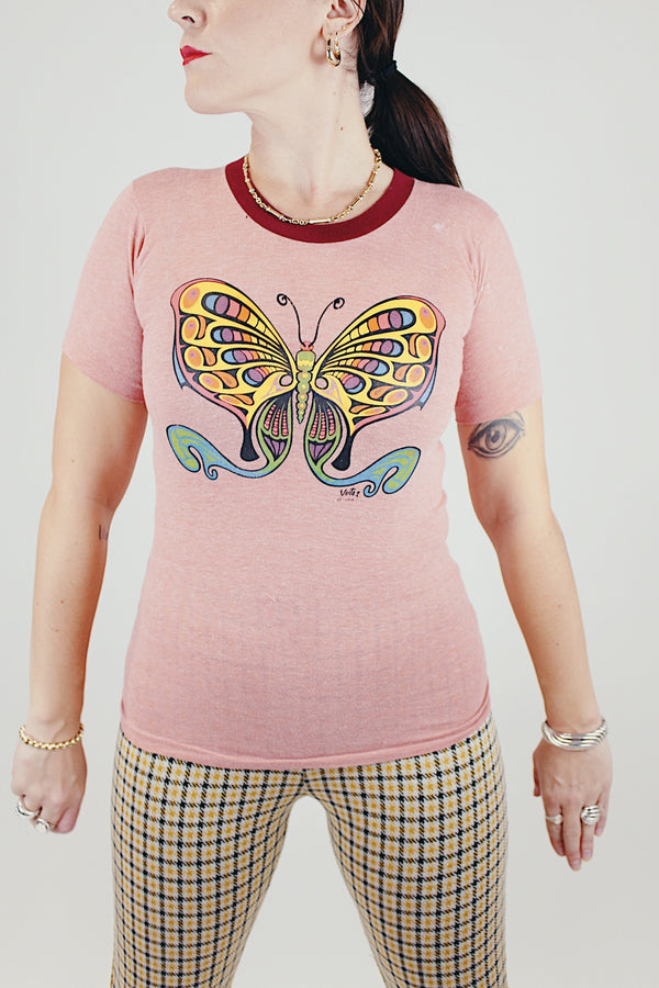 short sleeve pink heathered vintage 1970's tee with butterfly graphic tee 