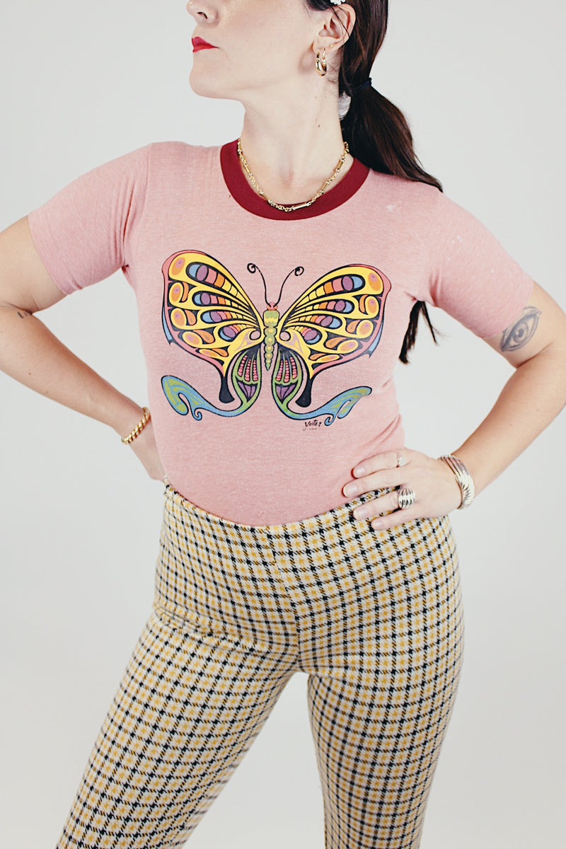 short sleeve pink heathered vintage 1970's tee with butterfly graphic tee 