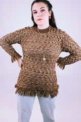 long sleeve women's vintage brown acrylic sweater with fringed cuffs and hem