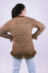 long sleeve women's vintage brown acrylic sweater with fringed cuffs and hem