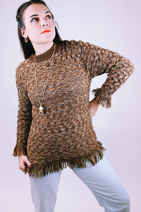 long sleeve women's vintage brown acrylic sweater with fringed cuffs and hem