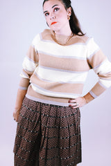 1980's women's wool striped pullover sweater long sleeve brown and cream