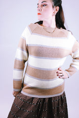 1980's women's wool striped pullover sweater long sleeve brown and cream