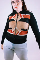 long sleeve women's vintage zip up sweater in black with suede aztec print panelling in the front