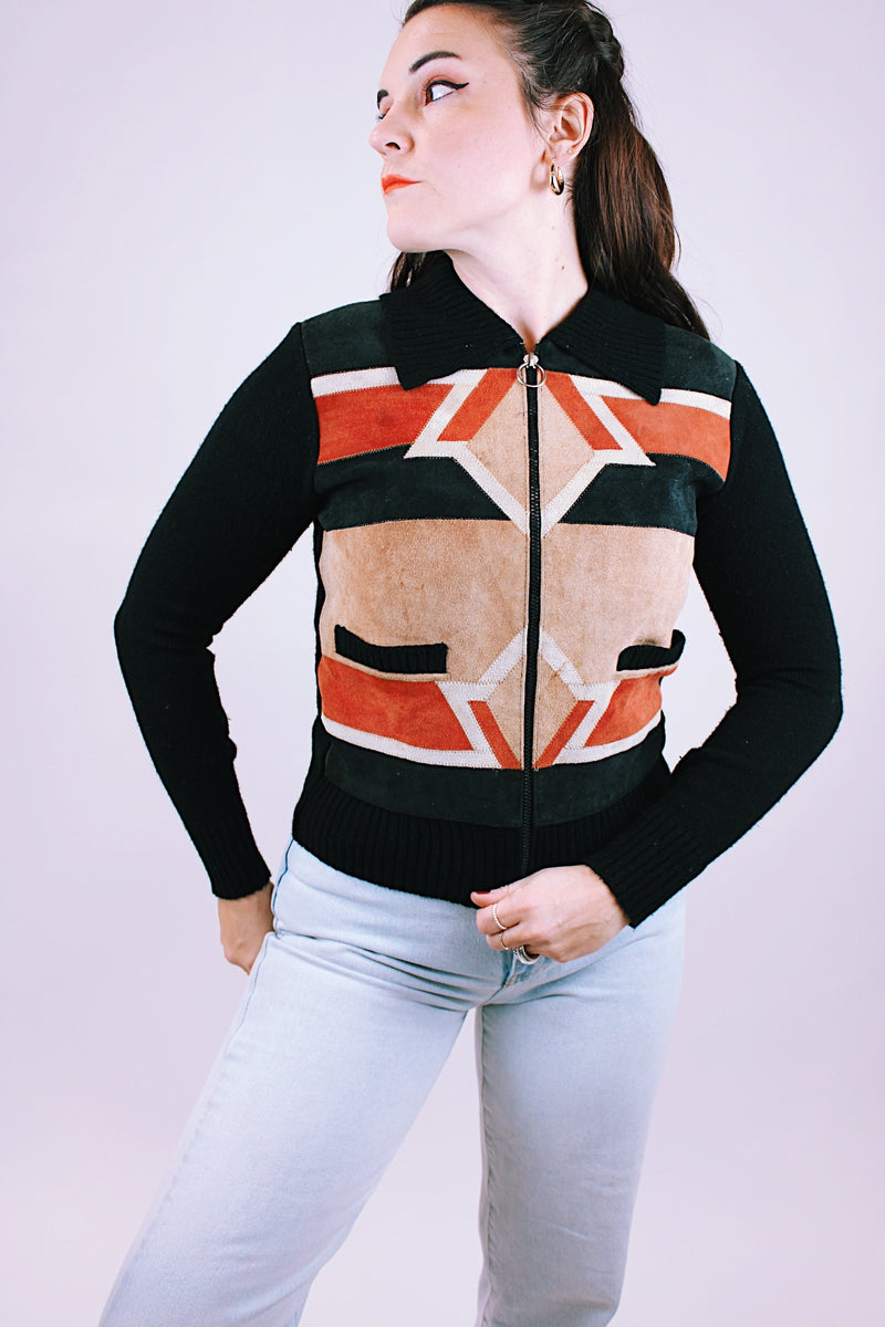 long sleeve women's vintage zip up sweater in black with suede aztec print panelling in the front