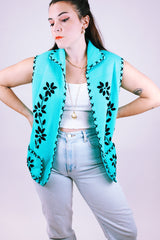 women's vintage blue acrylic sleeveless vest with black flower embroidery and collar 