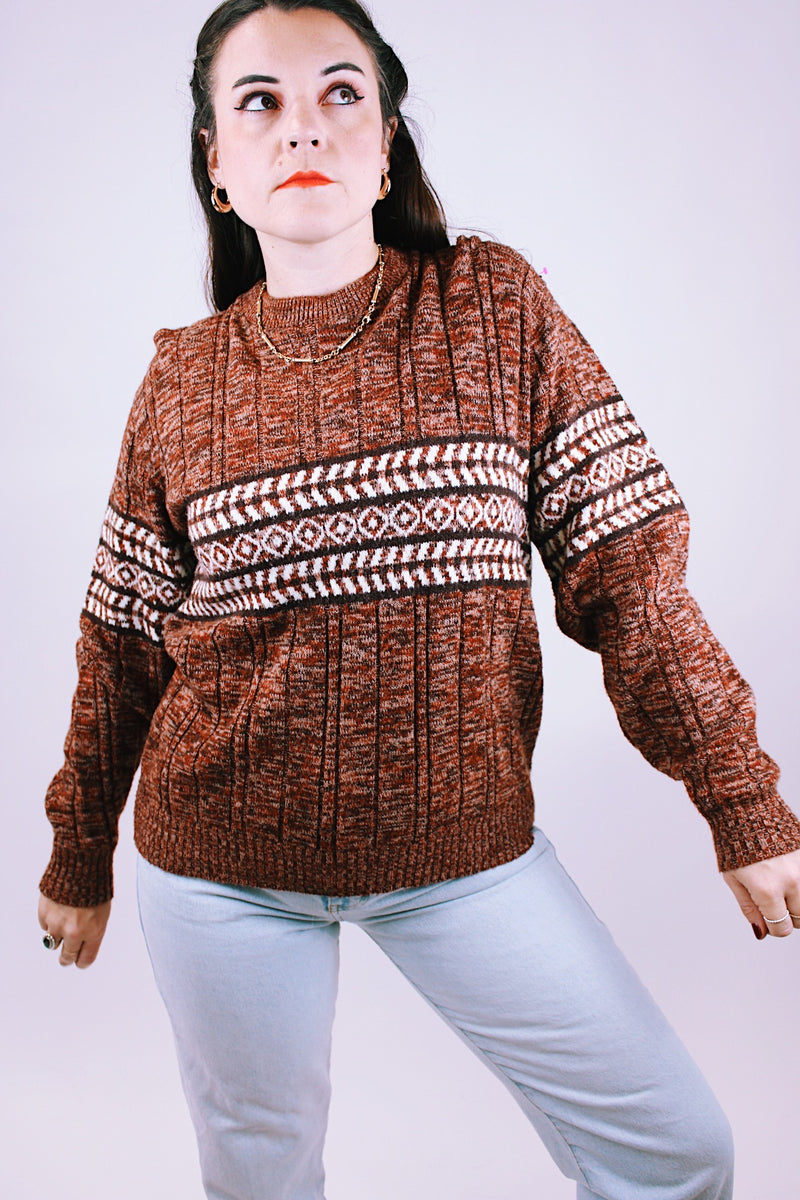 vintage 1970's heathered crewneck in brown with printed striped across the middle front