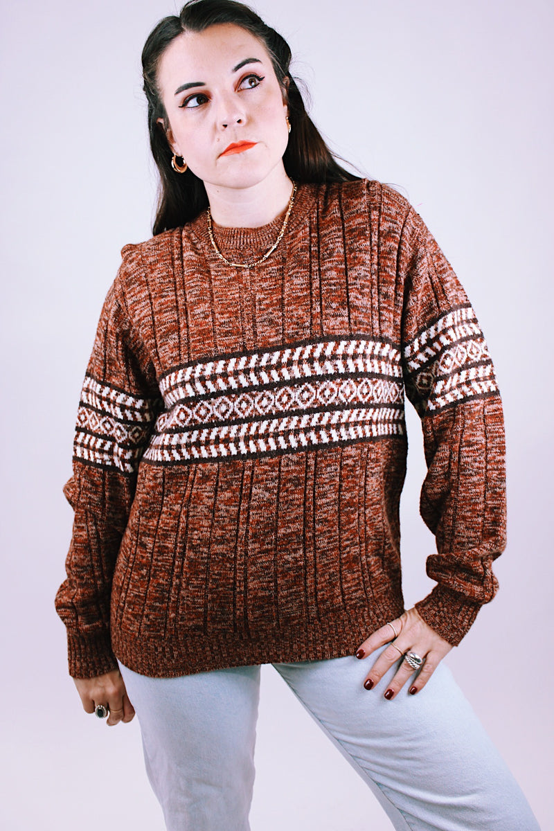 vintage 1970's heathered crewneck in brown with printed striped across the middle front