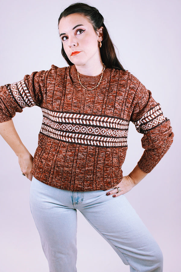 vintage 1970's heathered crewneck in brown with printed striped across the middle front