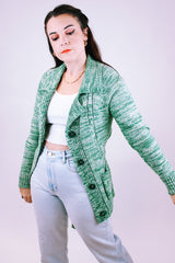 long sleeve button up cardigan with tie in a heathered green women's vintage 