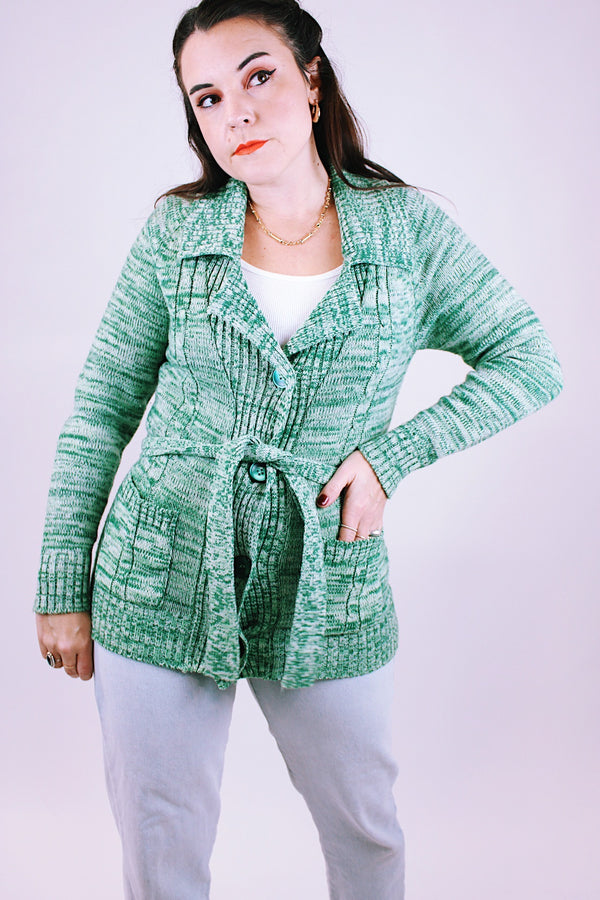 long sleeve button up cardigan with tie in a heathered green women's vintage 