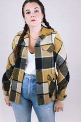 women's vintage long sleeve wool shacket in black brown and yellow plaid buttons up the front