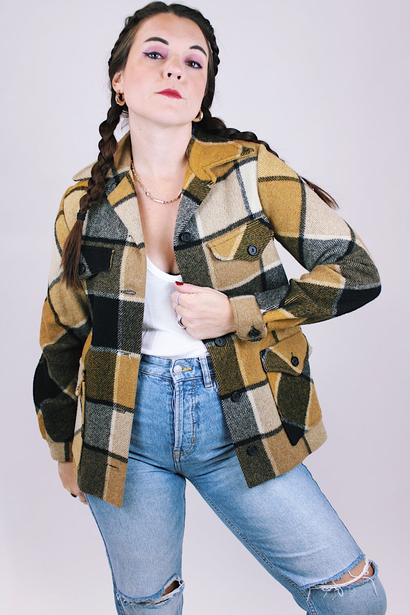 women's vintage long sleeve wool shacket in black brown and yellow plaid buttons up the front