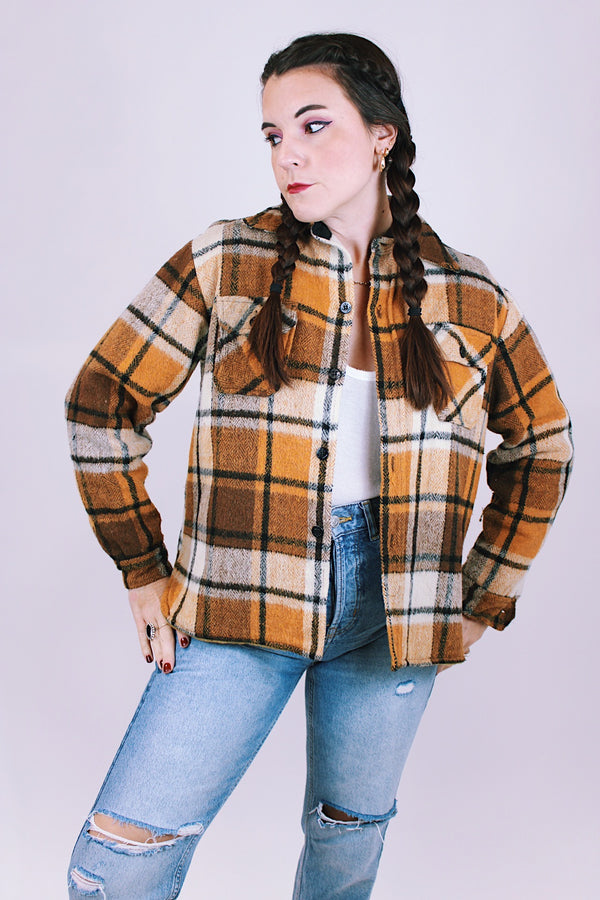 long sleeve wool plaid women's vintage button up jacket with collar