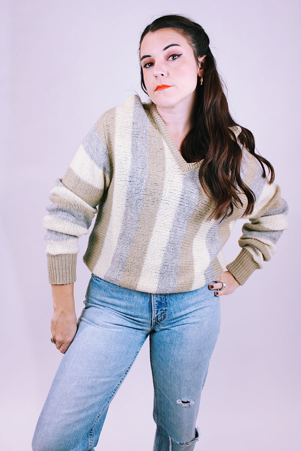 vintage jantzen pullover v-neck wool sweater in cream, beige, and grey vertical stripes 