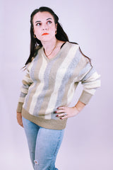 vintage jantzen pullover v-neck wool sweater in cream, beige, and grey vertical stripes 
