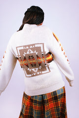 vintage long sleeve acrylic cream pullover crewneck sweater with southwestern print