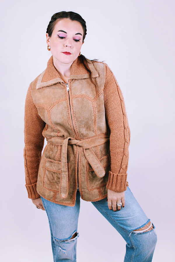 women's vintage 1970's suede and knit zip up jacket sweater with tie front