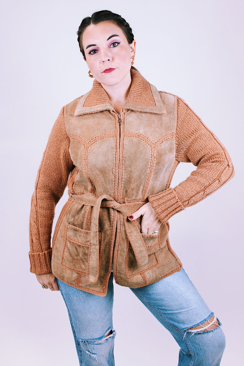 women's vintage 1970's suede and knit zip up jacket sweater with tie front