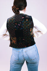 women's vintage black velvet sleeveless button down vest with multi floral print
