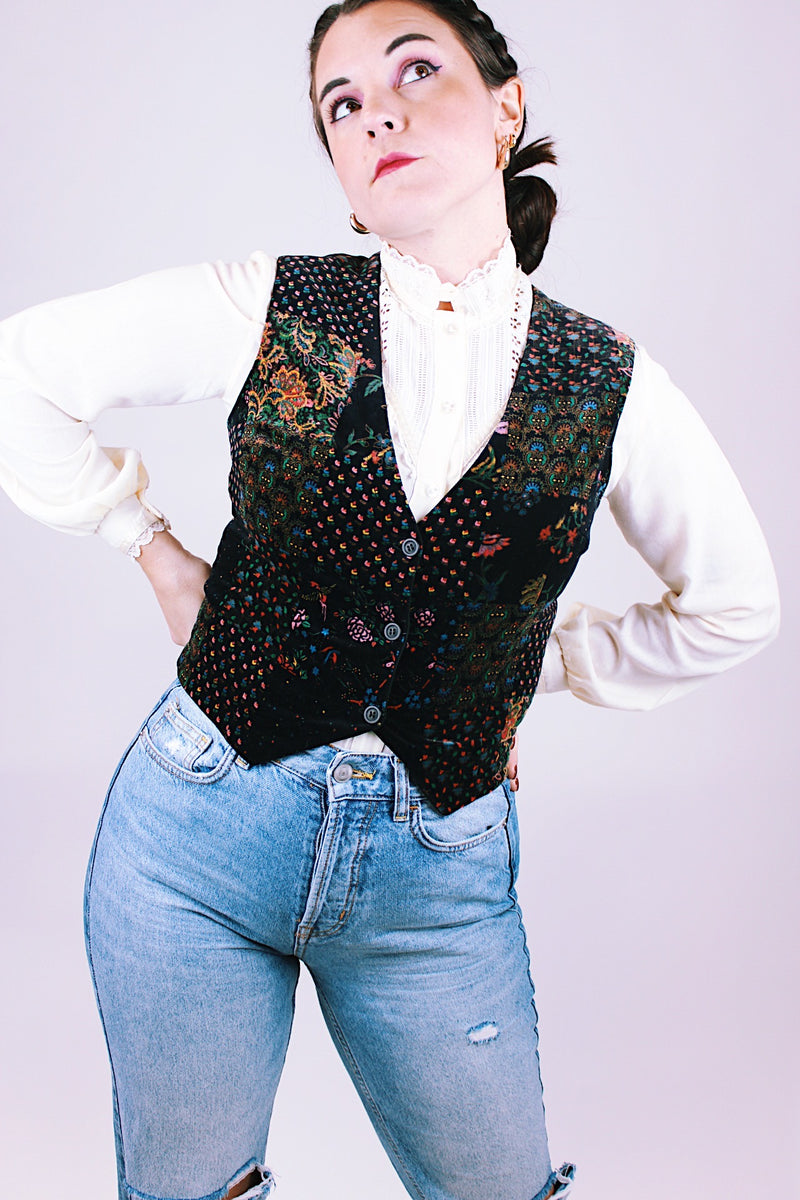 women's vintage black velvet sleeveless button down vest with multi floral print