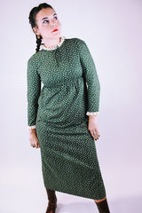 long vintage 1960's green dress with ditsy floral print long sleeves and crochet trim at neck and cuffs 