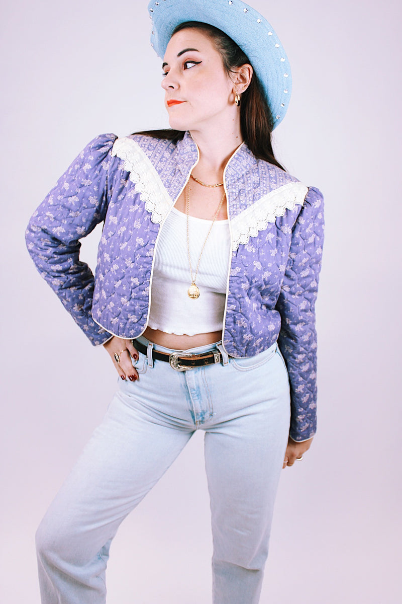 women's vintage cotton cropped open jacket in purple with floral print prairie style 