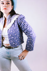 women's vintage cotton cropped open jacket in purple with floral print prairie style 