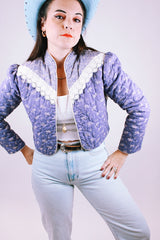 women's vintage cotton cropped open jacket in purple with floral print prairie style 