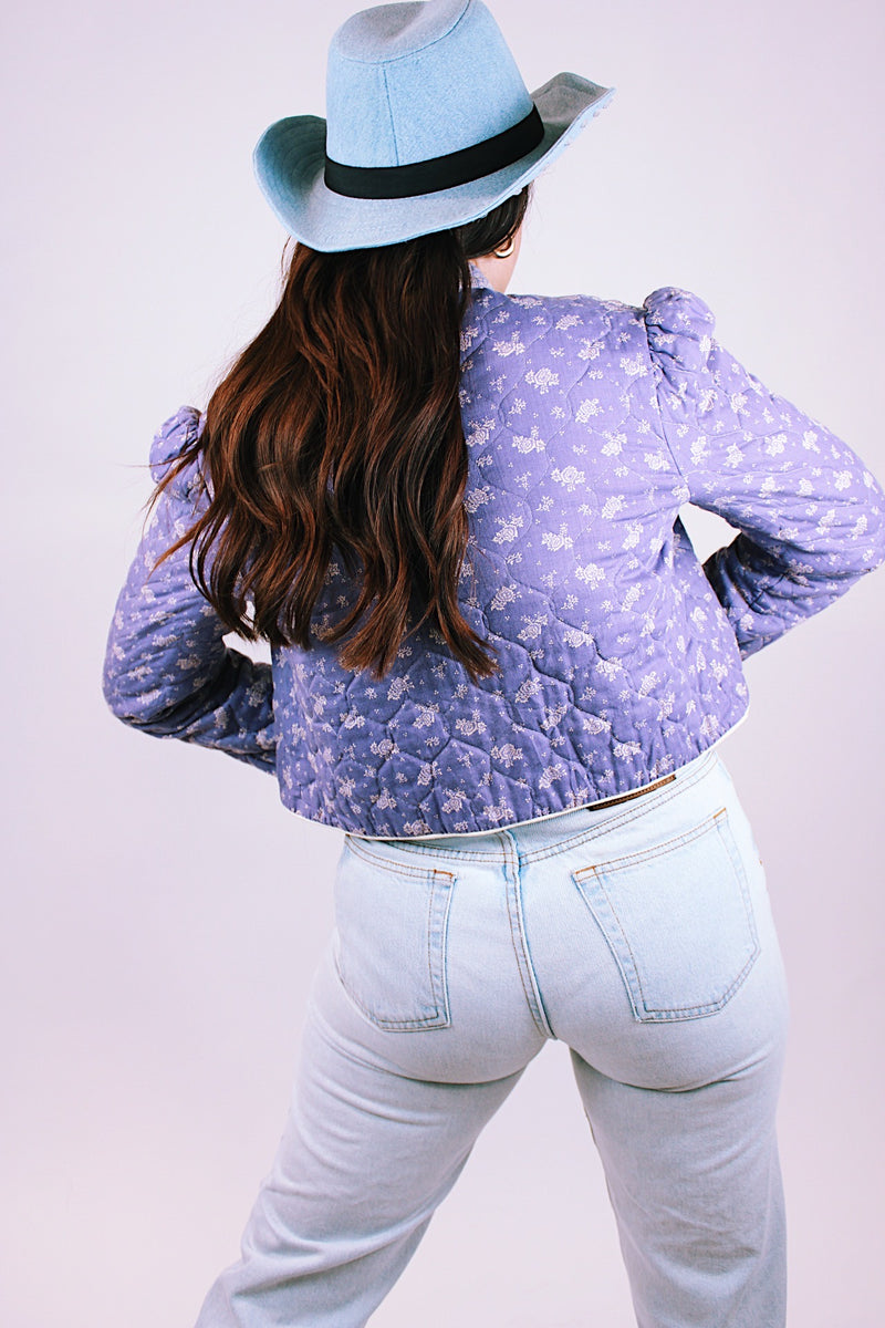 women's vintage cotton cropped open jacket in purple with floral print prairie style 