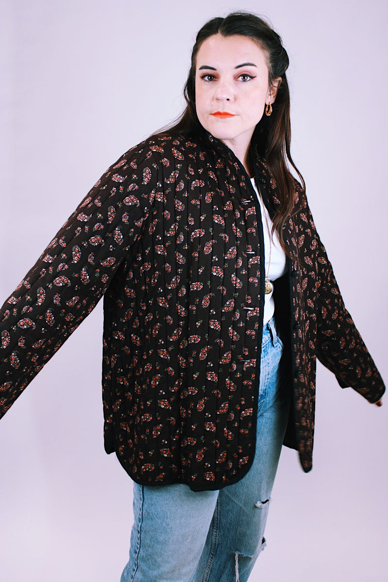 long sleeve women's vintage quilted jacket in brown with floral print and toggle buttons up the front