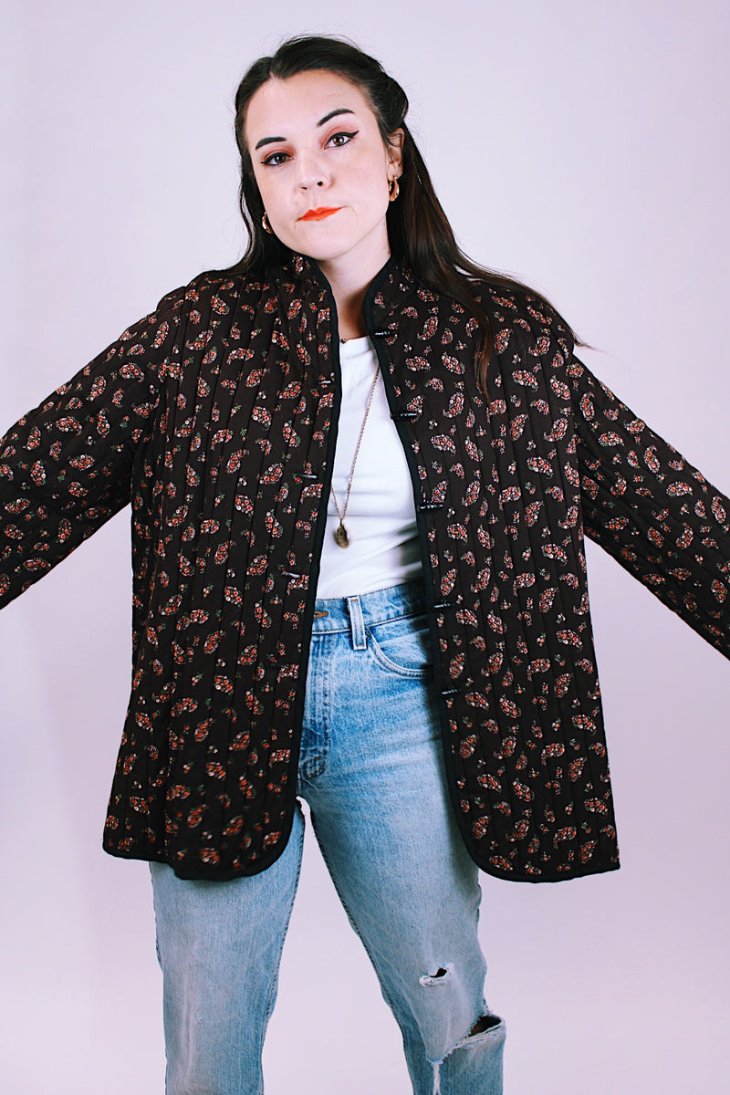 long sleeve women's vintage quilted jacket in brown with floral print and toggle buttons up the front