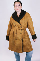 brown quilted puffy women's vintage knee length coat with faux fur trim