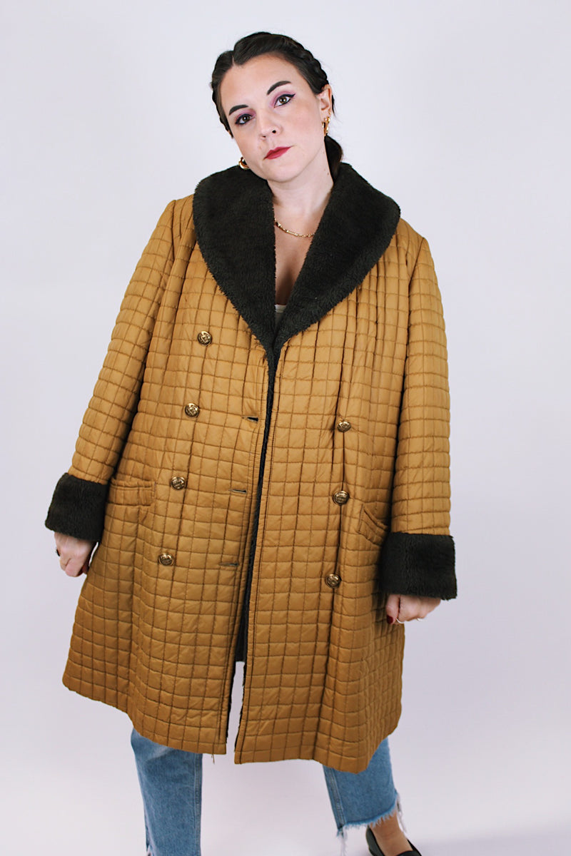 brown quilted puffy women's vintage knee length coat with faux fur trim