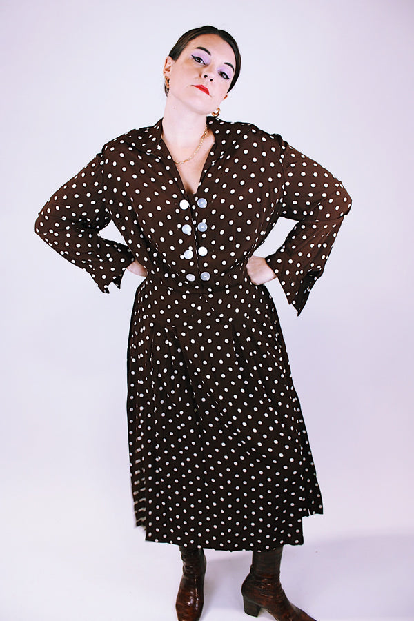 vintage women's 1940's rayon brown dress with white polka dots midi length 