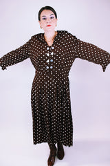 vintage women's 1940's rayon brown dress with white polka dots midi length 