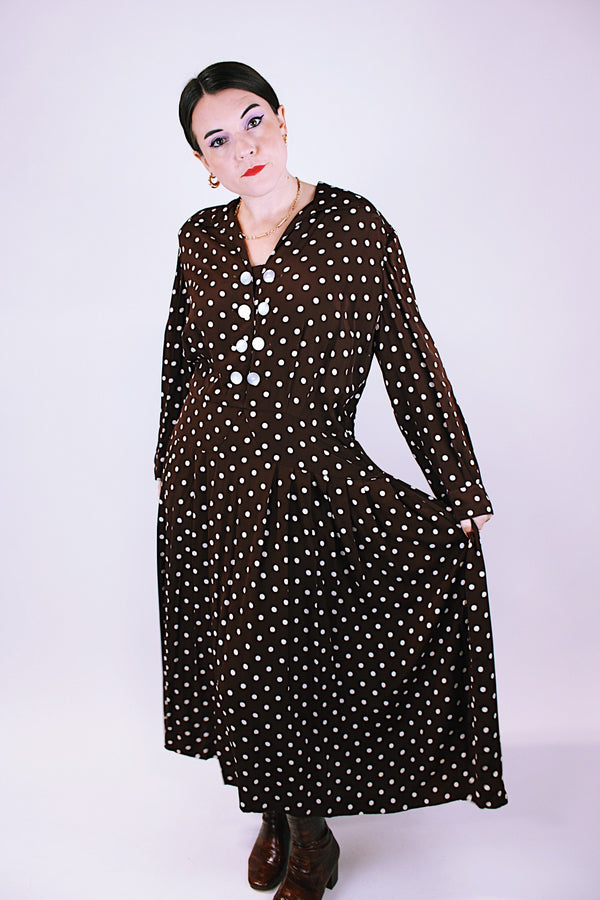 vintage women's 1940's rayon brown dress with white polka dots midi length 