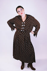vintage women's 1940's rayon brown dress with white polka dots midi length 
