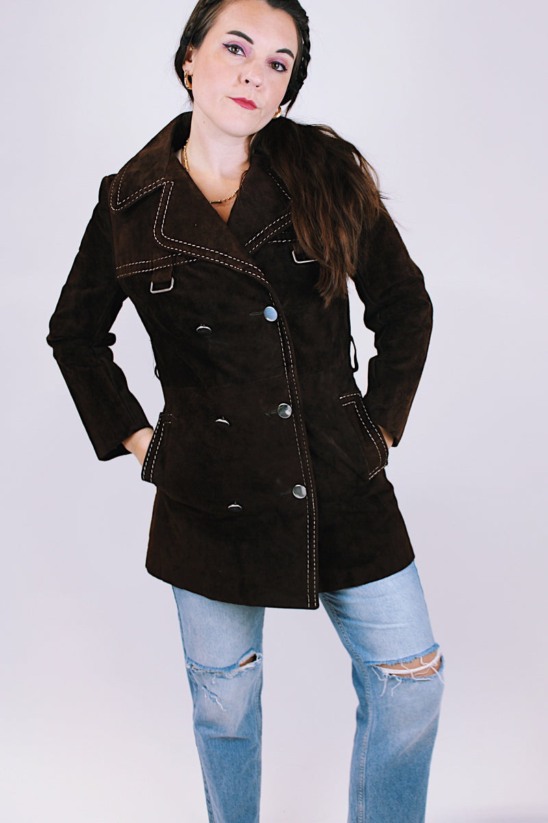 chocolate brown suede women's vintage pea coat with silver hardware and buttons double lapel 