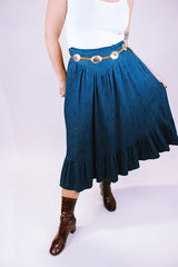women's vintage denim skirt with suede belt and pleated hem