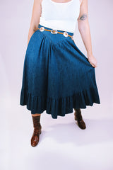 women's vintage denim skirt with suede belt and pleated hem