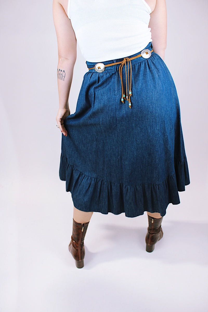 women's vintage denim skirt with suede belt and pleated hem