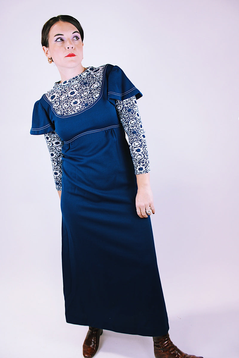 long sleeve navy blue vintage maxi dress 1960's with empire waist and flutter sleeves 