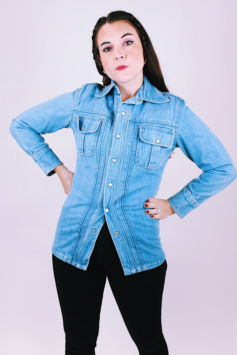 women's vintage 1970's long sleeve light denim shirt blouse with popper buttons and chest pockets