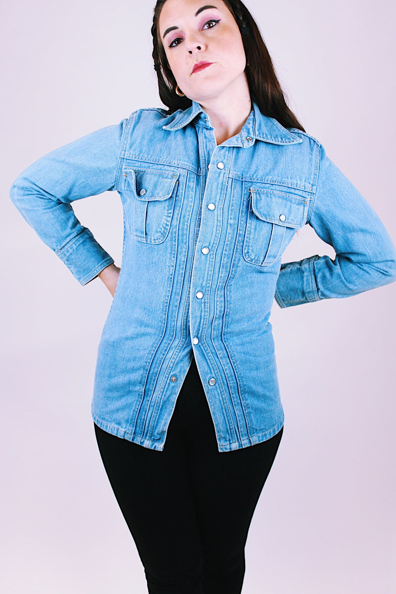 women's vintage 1970's long sleeve light denim shirt blouse with popper buttons and chest pockets