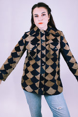 women's 1970's vintage suede patchwork button up jacket with collar in navy and tan 