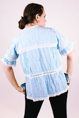 short sleeve baby blue 1970's women's vintage button up blouse with crochet lace throughout