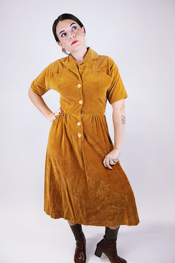 short sleeve women's vintage 1950's mustard yellow velvet dress midi length with collar and buttons in the front